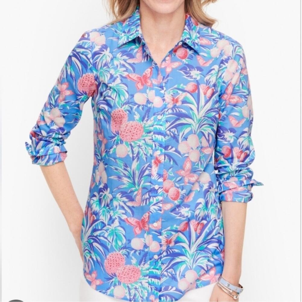 Talbots Women's XL Long Sleeve Button Down Tropical Butterfly Print Shirt